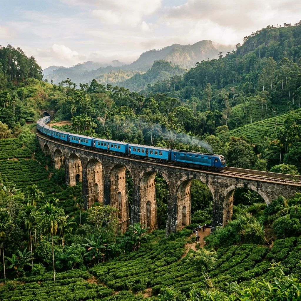 Scenic train travelling through Sri Lanka's hill country