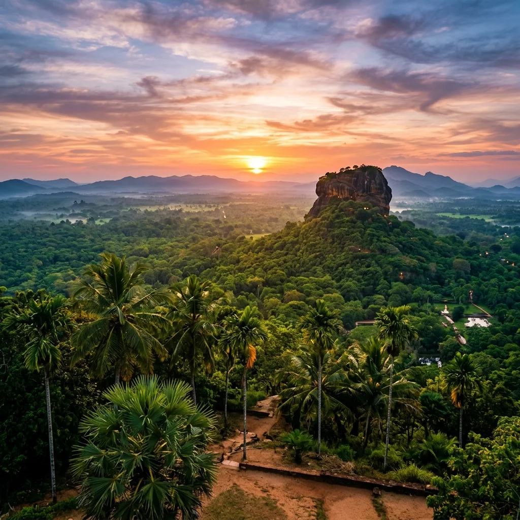 Sigiriya rock fortress at sunset